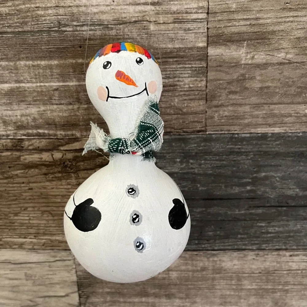Vintage 1996 Hand Painted Gourd Snowman Christmas Ornament Folk Art Decor
